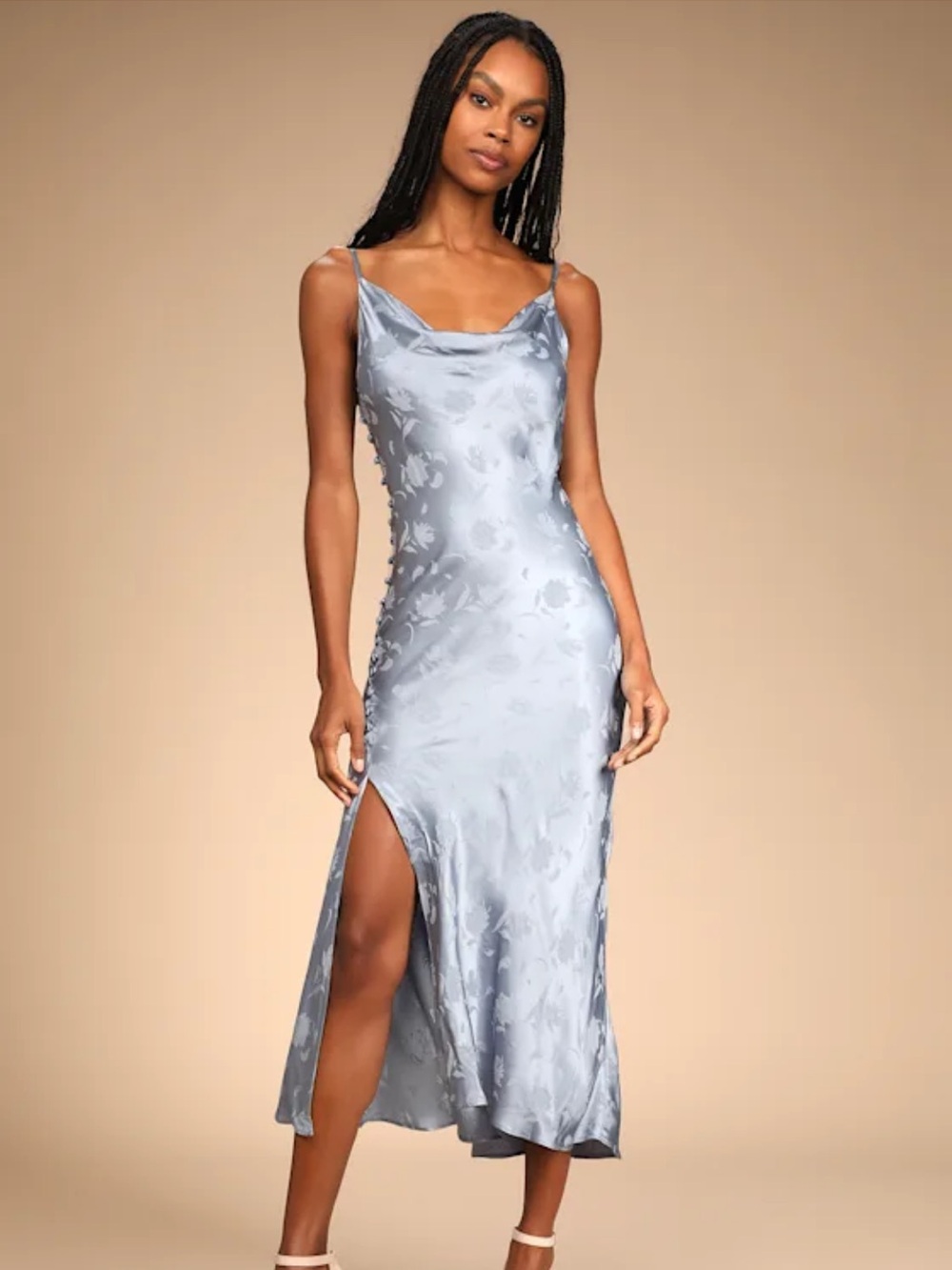 Express Silver Blue Satin Slip Dress with Jacquard Floral